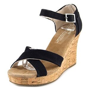 TOMS Black Canvas Tan Cork Wedge Strappy Sandals Women’s size 7.5M